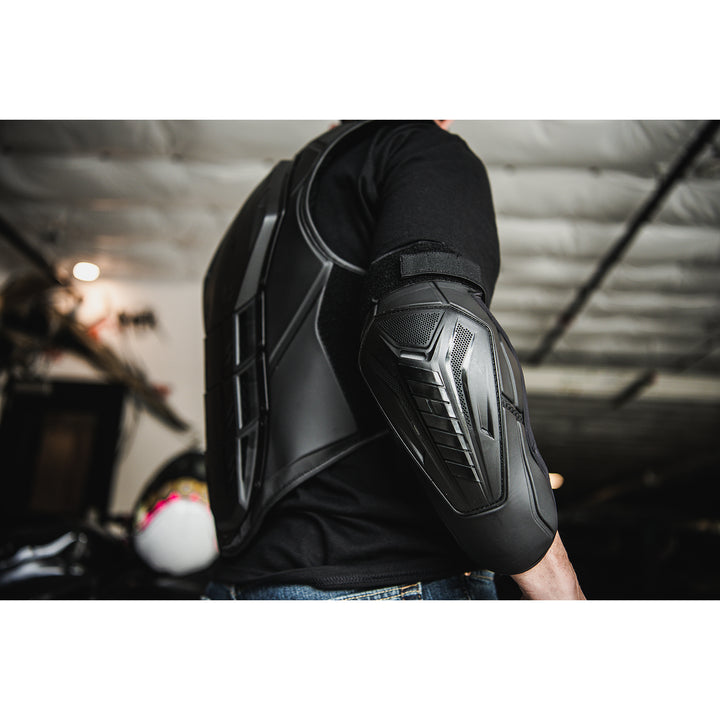 ICON Field Armor 3™ Elbows Black - Lifestyle Close-Up of Rider Wearing Elbow Armor
