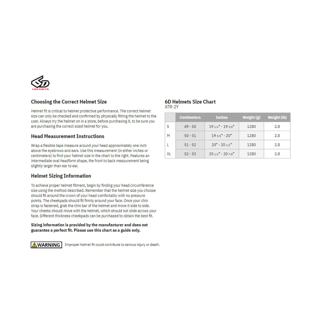 6D Helmets ATR-2Y Fusion Youth Helmet - Size Guide
