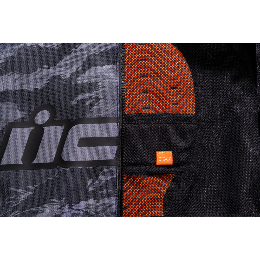 ICON Hooligan CE Tiger's Blood Jacket Gray - Close-Up of Back Protector Insert Slot