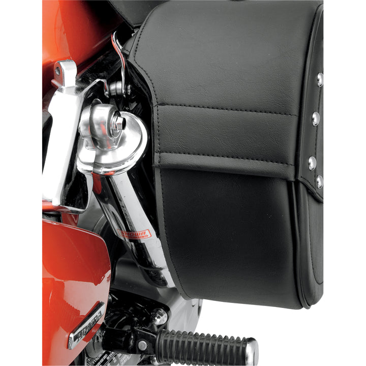 SADDLEMEN Drifter Teardrop Saddlebags with Shock Cutaway - Rear Close-Up Attached to Red Motorcycle