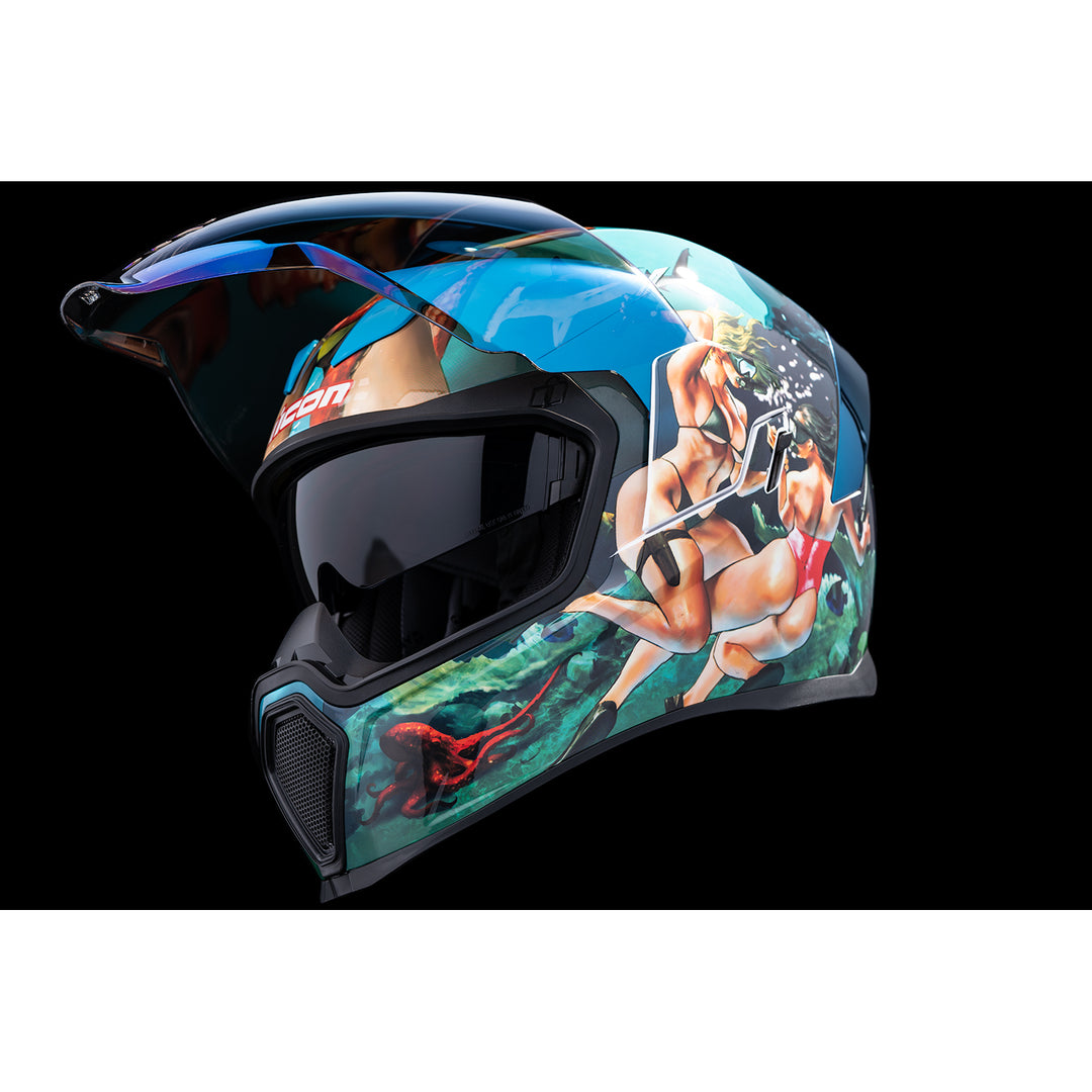 ICON Airflite™ Pleasuredome4 Helmet Blue - Front Left Side View with Dark Studio Background, Faceshield Raised, and Drop Down Sun Visor Lowered