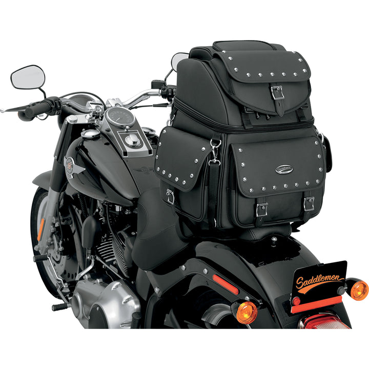 SADDLEMEN BR3400EXS Combination Backrest, Backseat, and Sissy Bar Bag - Front Side View of Bag Attached to Motorcycle Tail