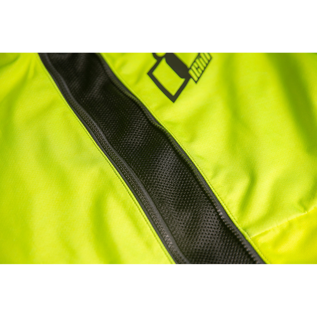 ICON Airform Jacket Vis - Close-Up of Expanded Mesh in Unzipped Front Zipper at Midsection