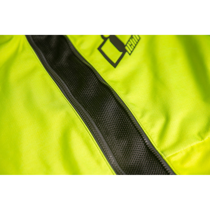 ICON Airform Jacket Vis - Close-Up of Expanded Mesh in Unzipped Front Zipper at Midsection