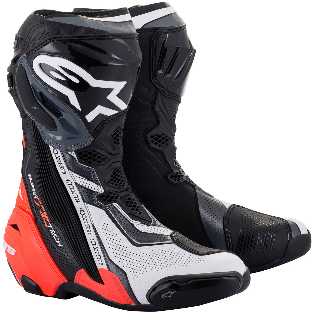 Alpinestars Supertech R v2 Vented Boot Black/Red Fluo/White/Gray - Front Side View of Pair
