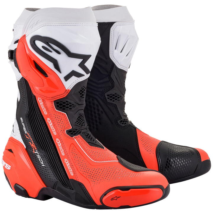 Alpinestars Supertech R v2 Vented Boot Black/White/Red Fluo - Front Side View of Pair
