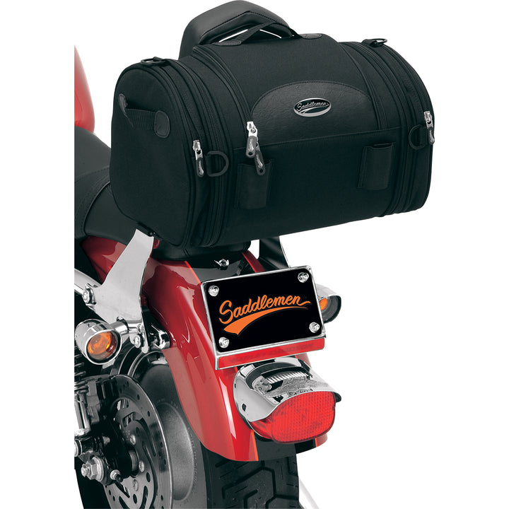 SADDLEMEN R1300LXE Deluxe Roll Bag - Front Side View Attached to Sissy Bar