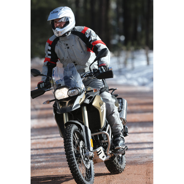 Arai XD-4 Solid Helmet Aluminum Silver - Lifestyle Shot of Rider in Helmet on Bronze Dual Sport Motorcycle