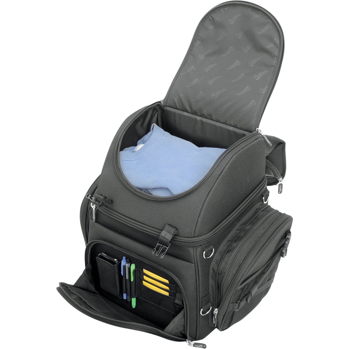 SADDLEMEN BR3400 Backseat or Sissy Bar Bag - Front Side View with Top and Front Sections Open, Showing Gear Packed Inside