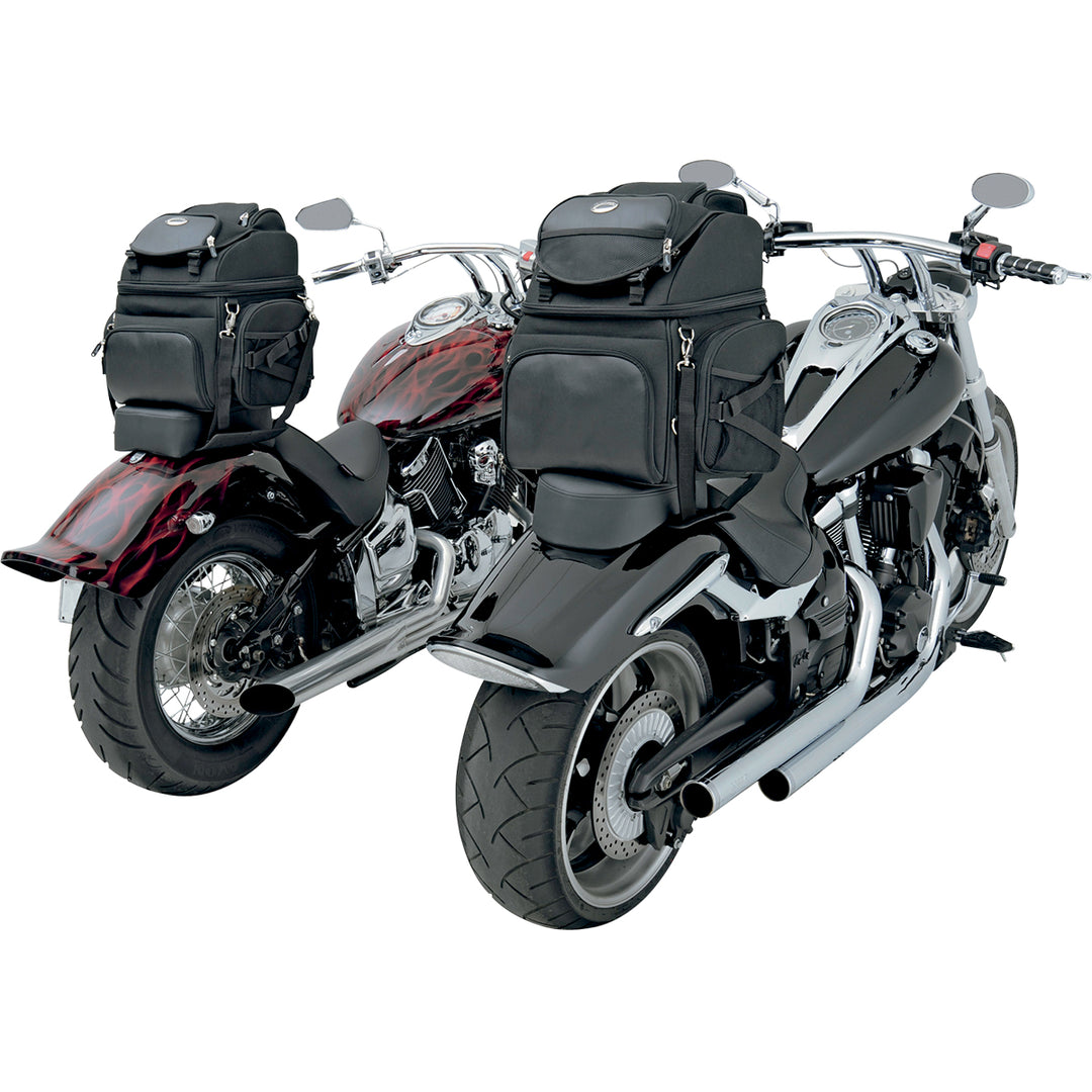 SADDLEMEN BR1800 Backseat or Sissy Bar Bags - Angled Side View of Pair Set Up on Tails of Two Motorcycles
