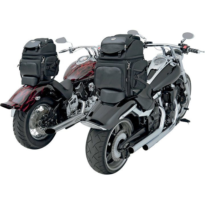 SADDLEMEN BR1800 Backseat or Sissy Bar Bags - Angled Side View of Pair Set Up on Tails of Two Motorcycles