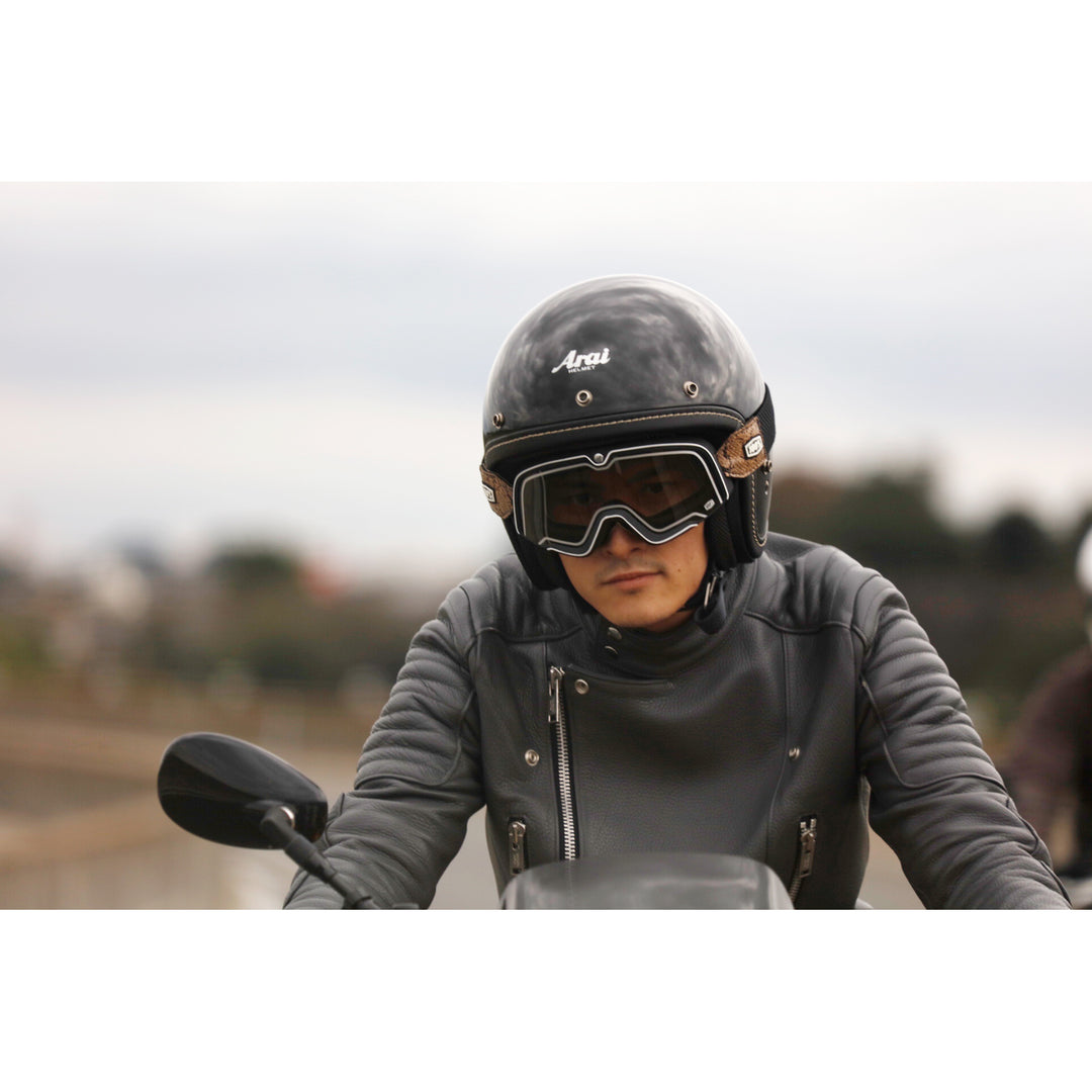 Arai Classic-V Helmet - Lifestyle Head-On Shot of Rider wearing black helmet with goggles
