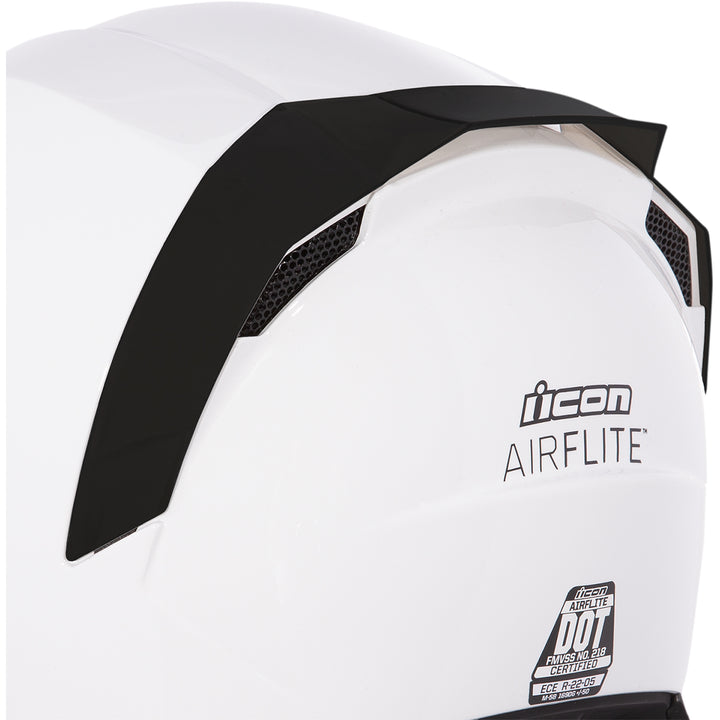 ICON Airflite™ Helmet Rear Spoiler Rubatone Black - Rear Side View of Spoiler Installed on White Helmet