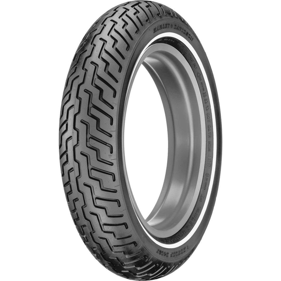 Dunlop D402 Tire Front - Angled Side View of Narrow White Wall