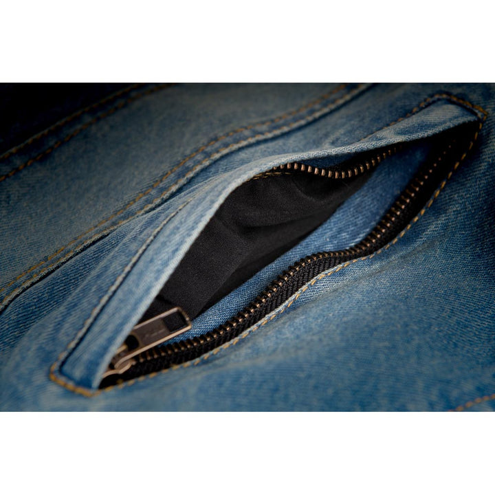 Highway 21 Iron Sights Club Collar Denim Vest Blue - Close-Up of Unzipped Zipper Pocket