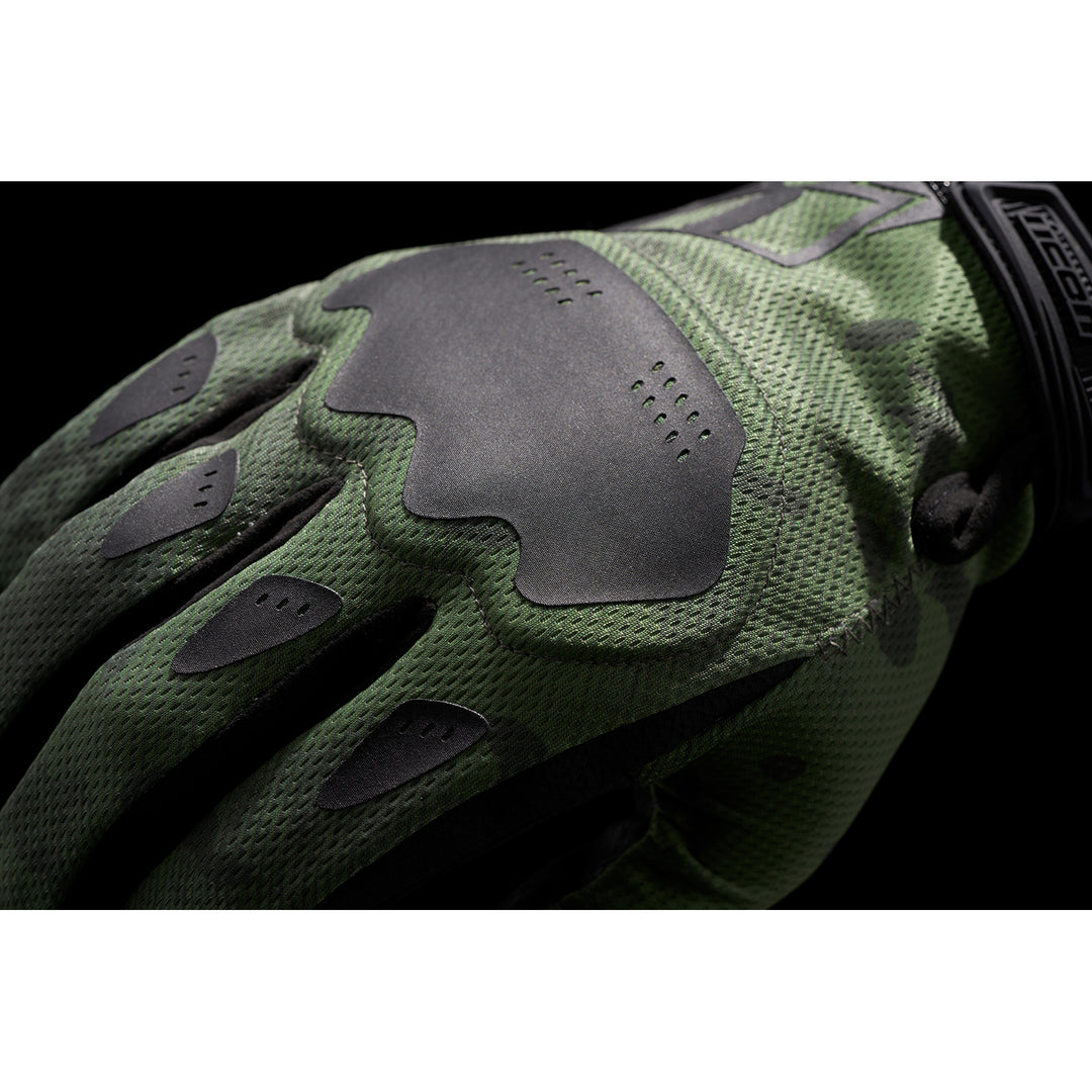 ICON Hooligan CE Gloves Green Camo - Close-up of Back of Hand