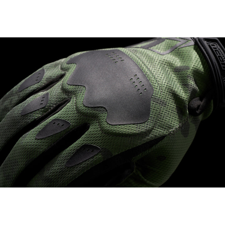 ICON Hooligan CE Gloves Green Camo - Close-up of Back of Hand