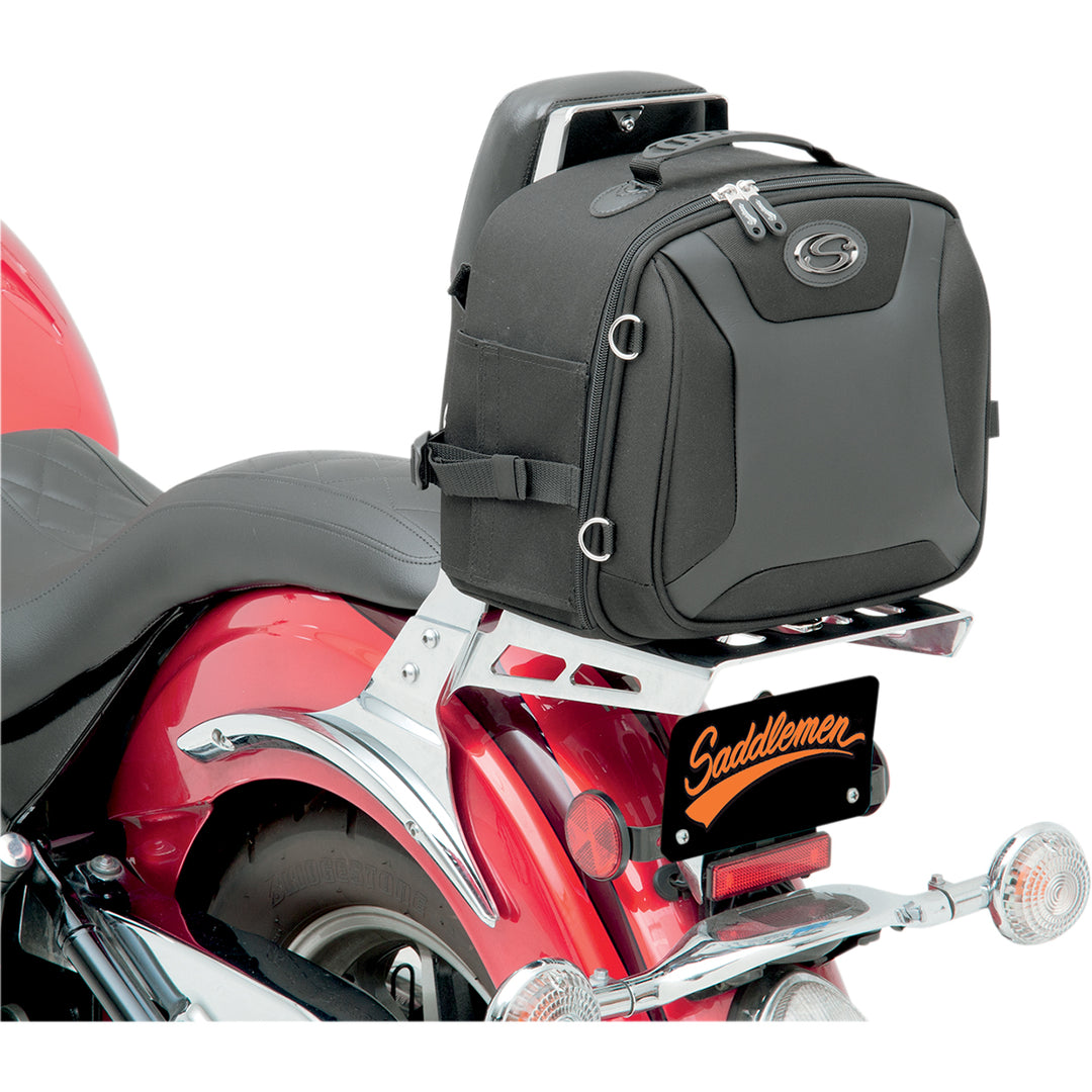 SADDLEMEN FTB1000 Sport Sissy Bar Bag - Front Side View Attached to Rear Rack