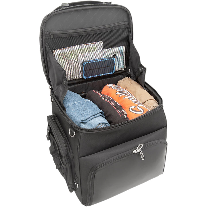 SADDLEMEN BR4200 Sissy Bar Bag - Front Side View with Top Section Open, Showing Gear Packed Inside