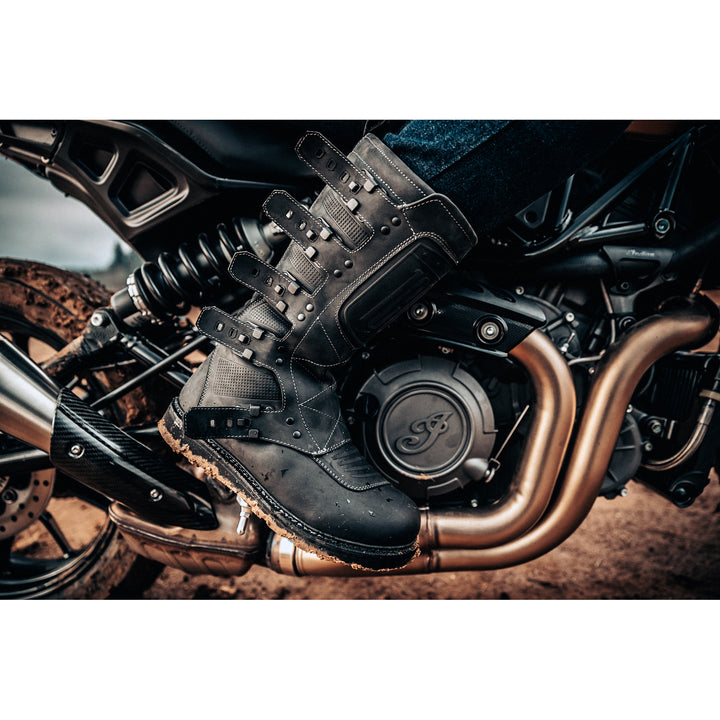 ICON Elsinore 2™ Boots Black - Lifestyle Close-Up of Boot Worn on Motorcycle