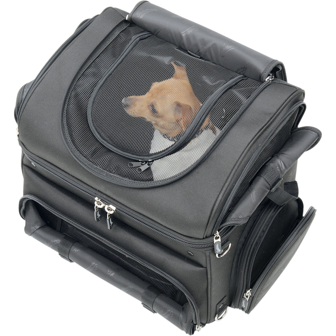 SADDLEMEN Pet Voyager - Top View with Lid Flap Rolled Back With Small Dog Looking through Mesh Opening