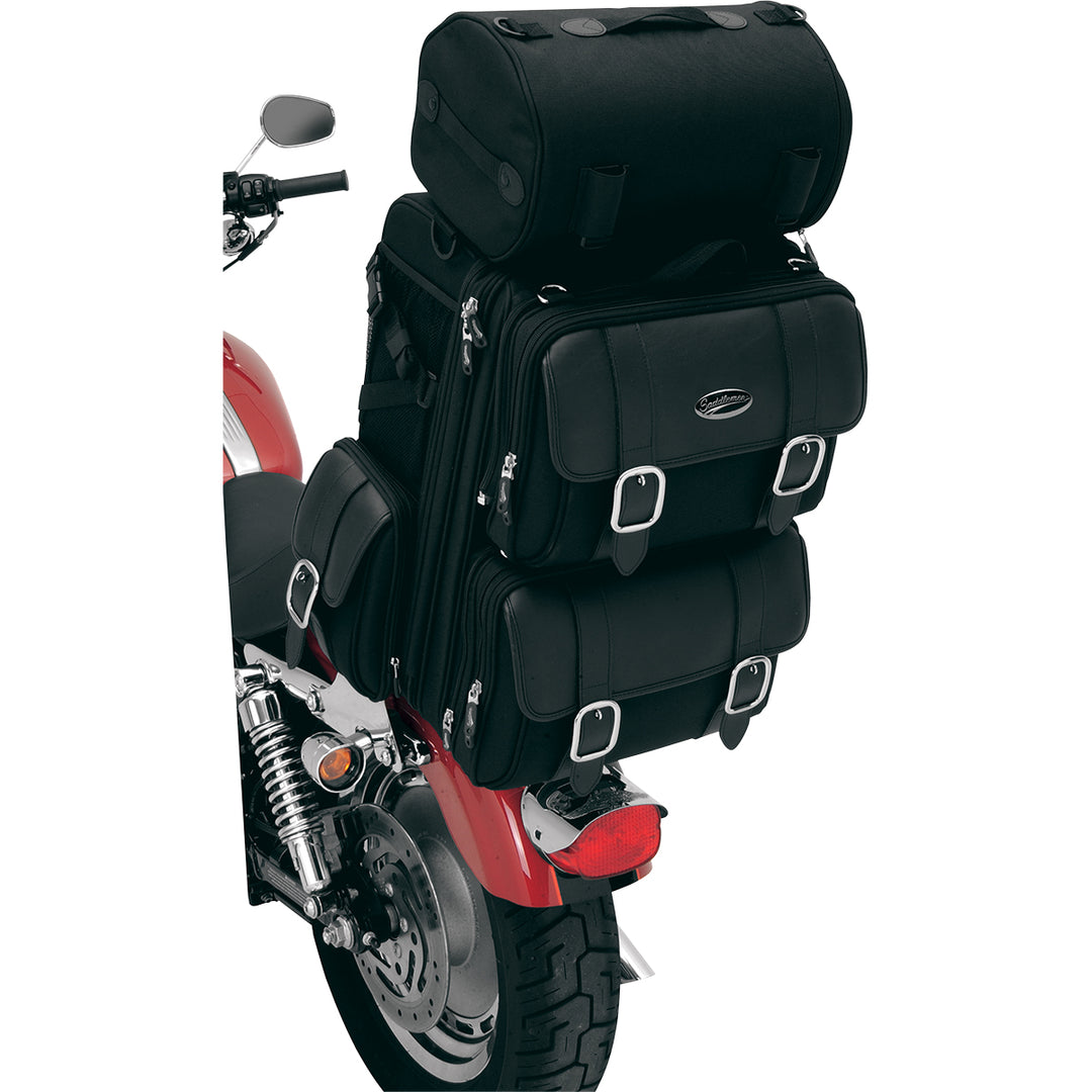 SADDLEMEN S3200DE Deluxe Sissy Bar Bag - Front Side View Attached to Sissy Bar