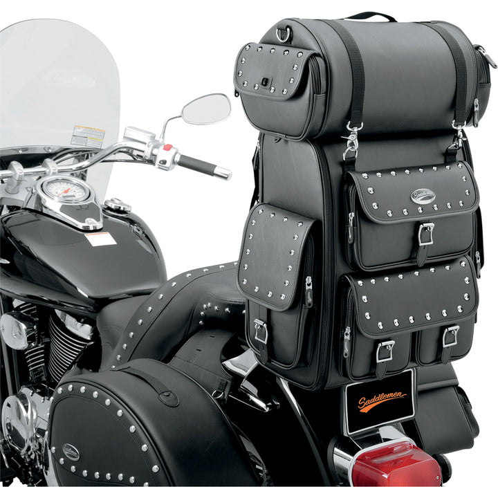 SADDLEMEN EX2200S Sissy Bar Bag with Studded Roll Bag - Front Side View Attached to Passenger Backrest
