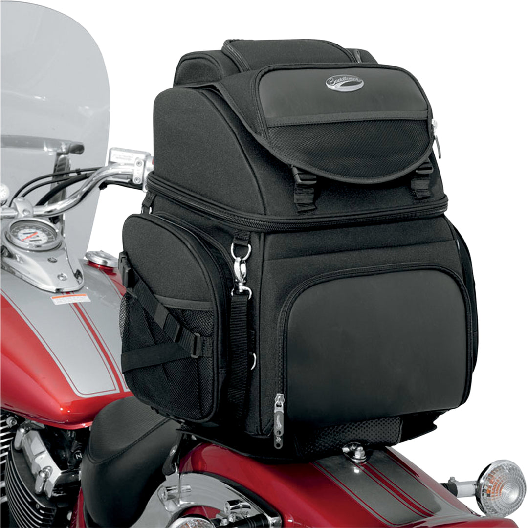SADDLEMEN BR3400 Backseat or Sissy Bar Bag - Front Side View of Bag Strapped to Motorcycle Tail