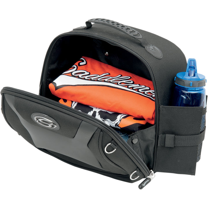 SADDLEMEN FTB1000 Sport Sissy Bar Bag - Front Side View with Open Lid, Showing Gear Packed Inside