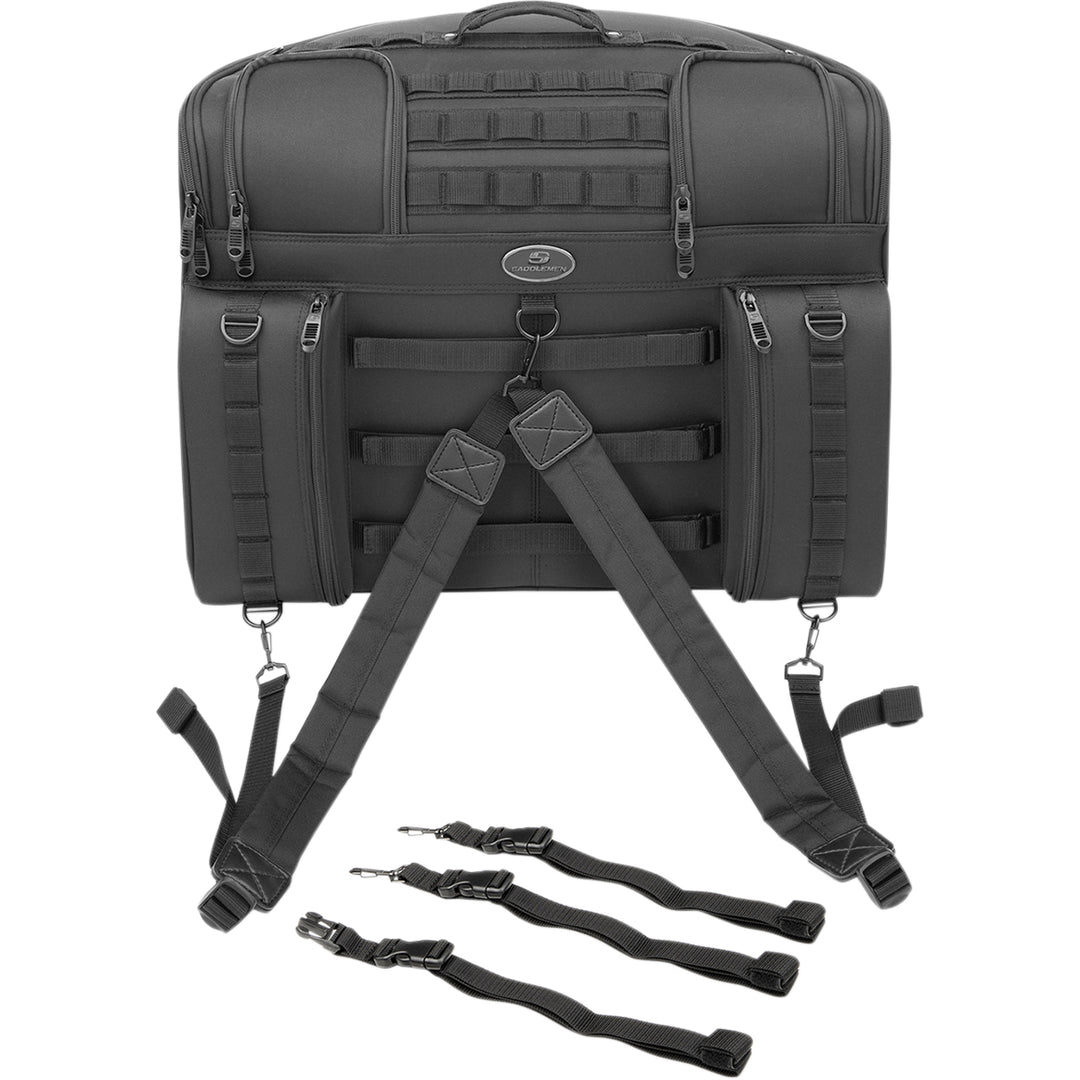 SADDLEMEN BR4100 Tactical Seat Bag - Front View with Straps Attached and Display of Extra Straps