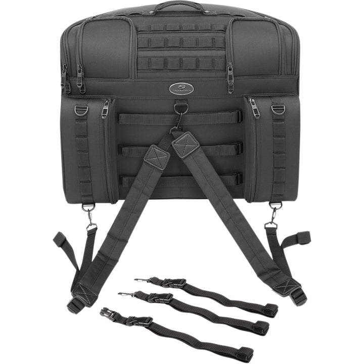 SADDLEMEN BR4100 Tactical Seat Bag - Front View with Straps Attached and Display of Extra Straps