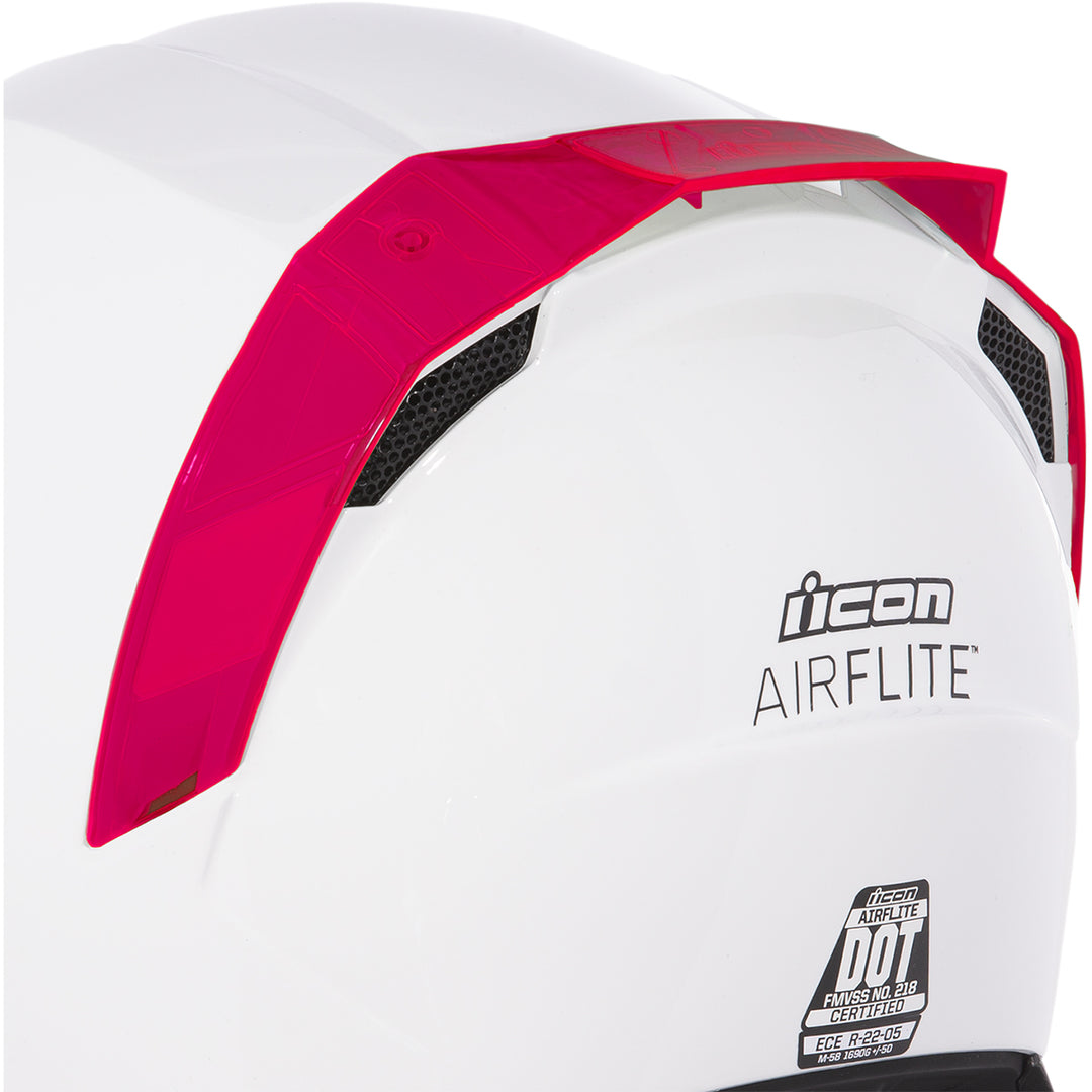 ICON Airflite™ Helmet Rear Spoiler Dayglo Red - Rear Side View of Spoiler Installed on White Helmet