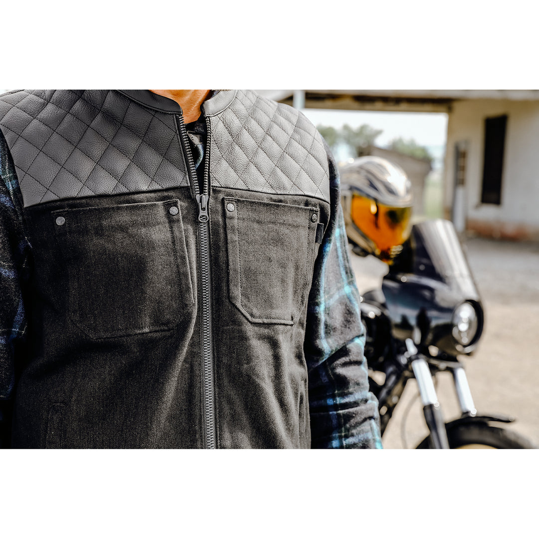 ICON Chamonix Denim Vest Black - lifestyle close-up of chest pockets