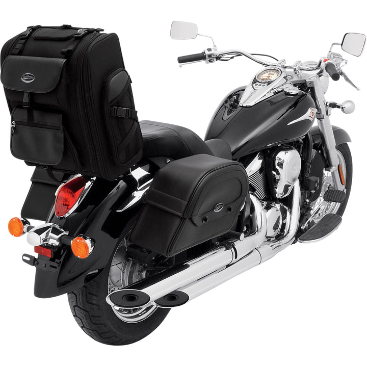 SADDLEMEN S2200E Expandable Sissy Bar Bag - Front Side View Attached to Sissy Bar