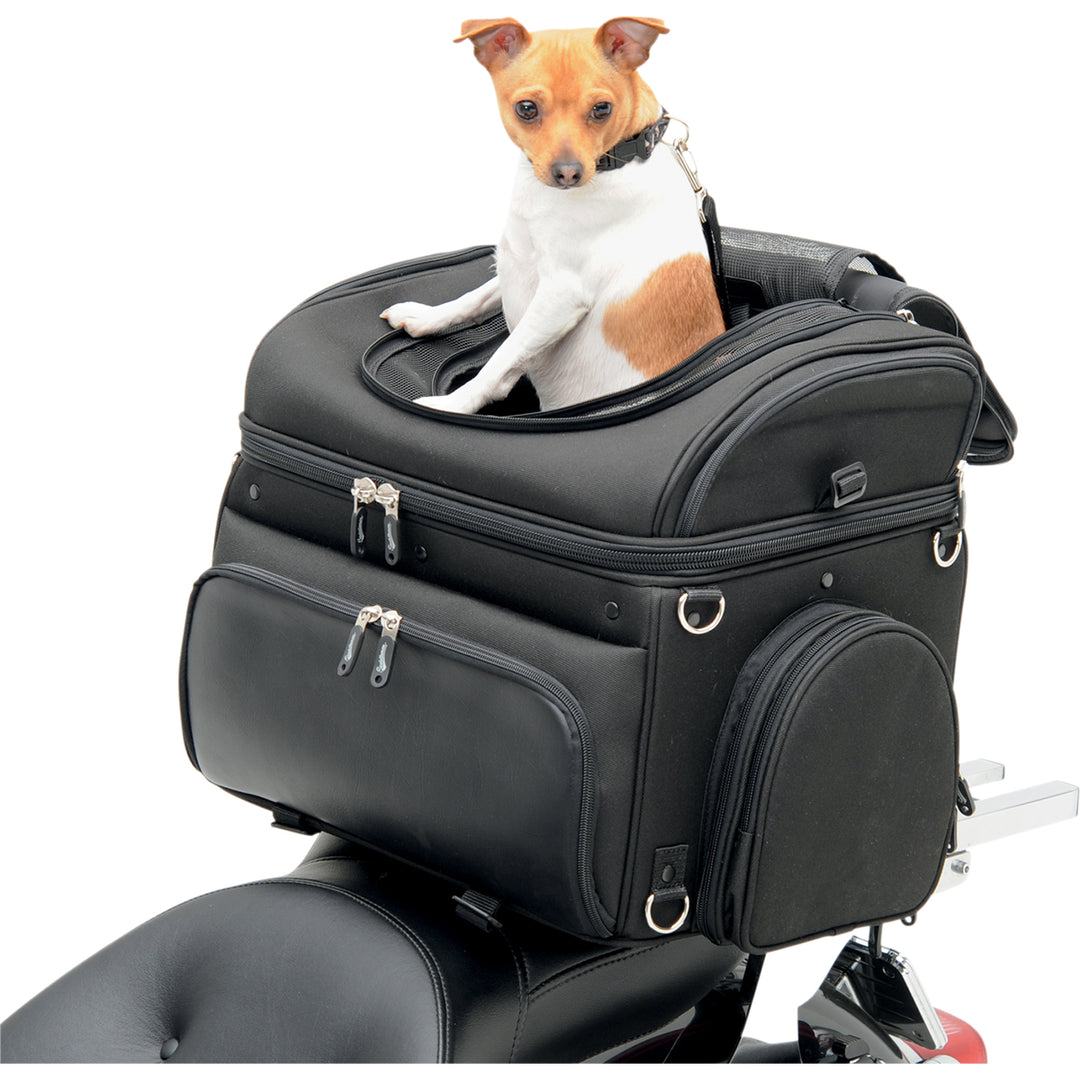 SADDLEMEN Pet Voyager - Front Side View Set Up on Passenger Seat, with Top Open and Small Dog Sticking Out