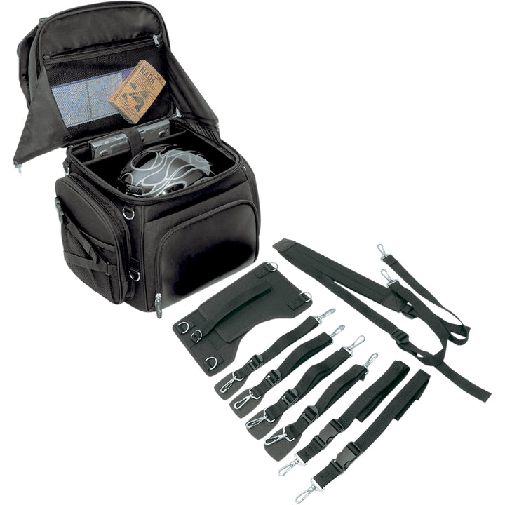 SADDLEMEN BR3400 Backseat or Sissy Bar Bag - Front View of Open Bag and Display of Extra Straps