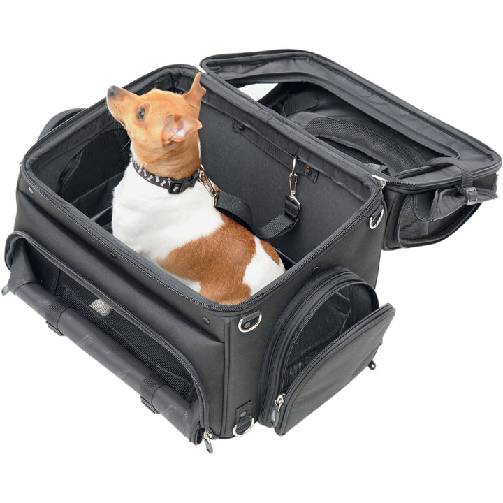 SADDLEMEN Pet Voyager - Top View with Full Top Opened and Small Dog Sitting Inside