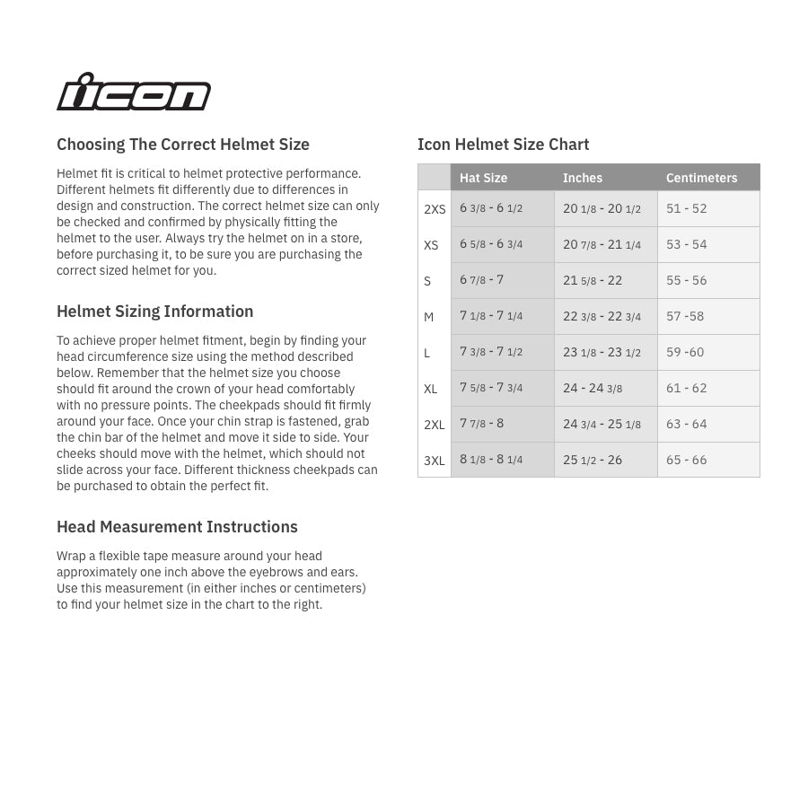 ICON Airflite™ GP23 Helmet Green - Size Chart