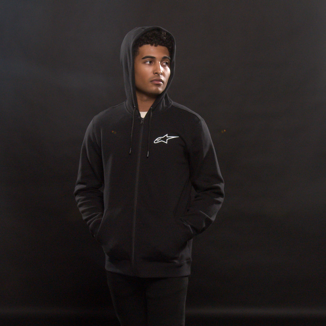 Alpinestars Ageless Zip Hoodie Black/White - Front View of Model Wearing Hoodie