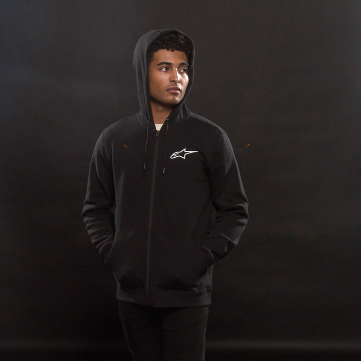 Alpinestars Ageless Zip Hoodie Black/White - Front View of Model Wearing Hoodie