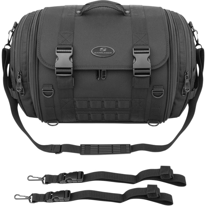 SADDLEMEN TR2300DE Tactical Deluxe Rack Bag - Front View with Extra Straps Displayed