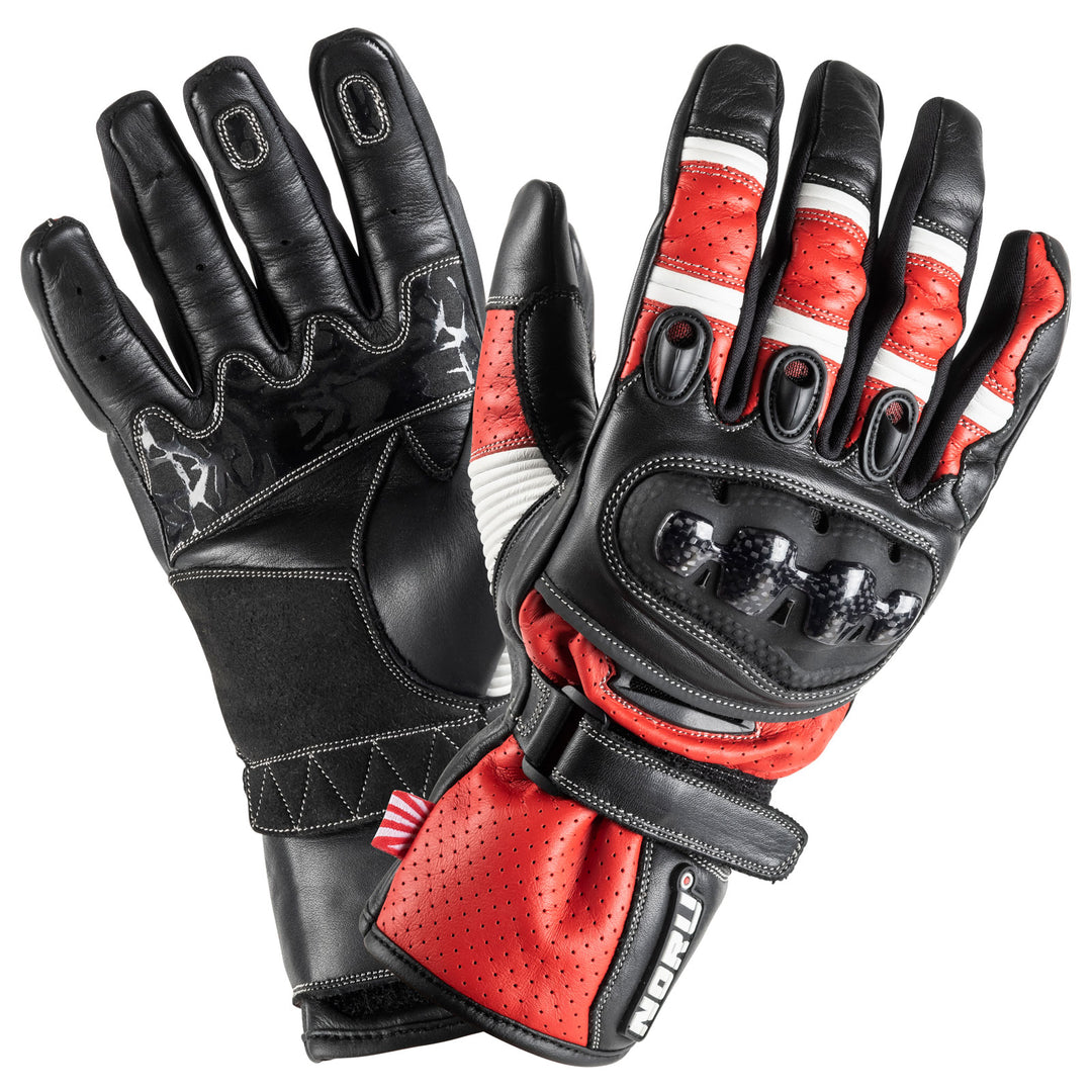 Noru Sokudo Motorcycle Street Glove Red/Black/White - Back of Hand and Palm Views of Pair