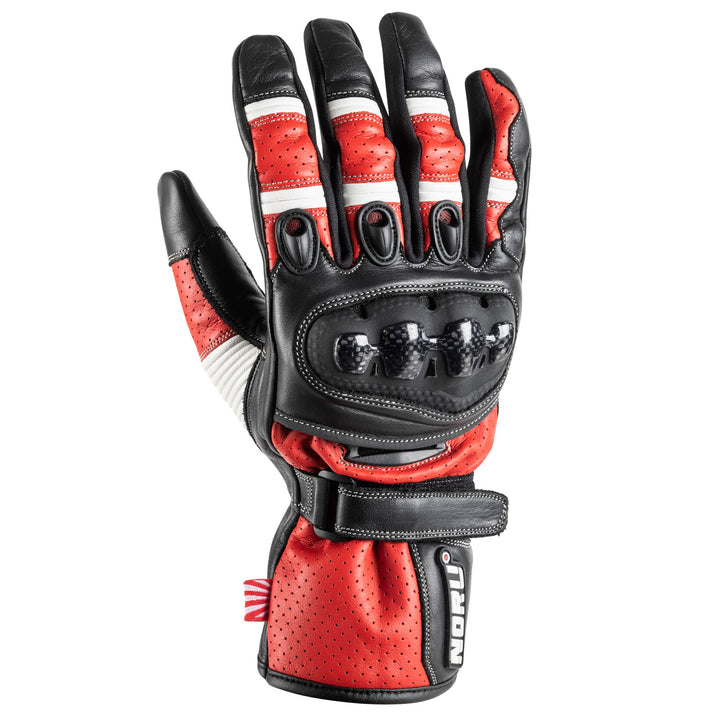 Noru Sokudo Motorcycle Street Glove Red/Black/White - Back of Hand View