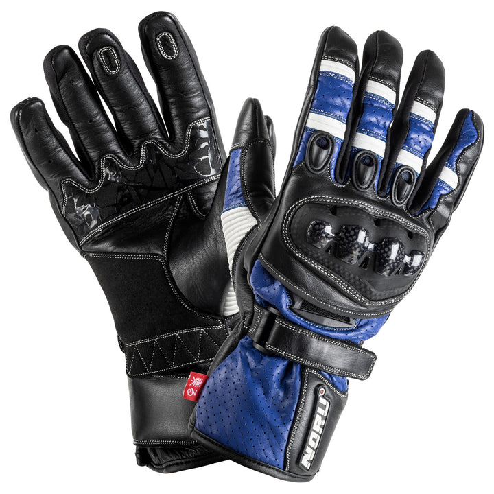 Noru Sokudo Motorcycle Street Glove Blue/Black/White - Back of Hand and Palm Views of Pair