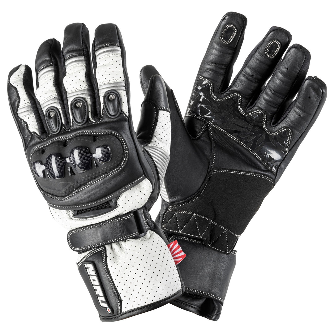 Noru Sokudo Motorcycle Street Glove White/Black/Gun - Back of Hand and Palm Views of Pair