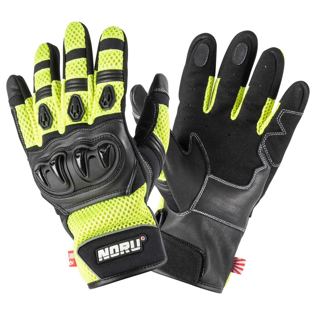 Noru Kiryu Motorcycle Street Glove Hi-Viz/Black - Back of Hand and Palm Views of Pair