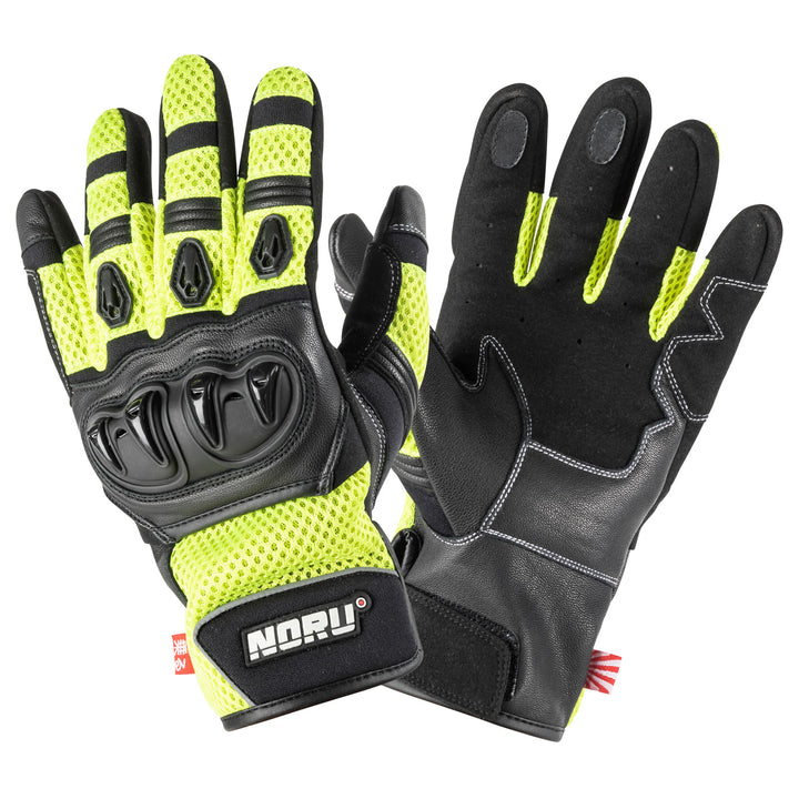 Noru Kiryu Motorcycle Street Glove Hi-Viz/Black - Back of Hand and Palm Views of Pair