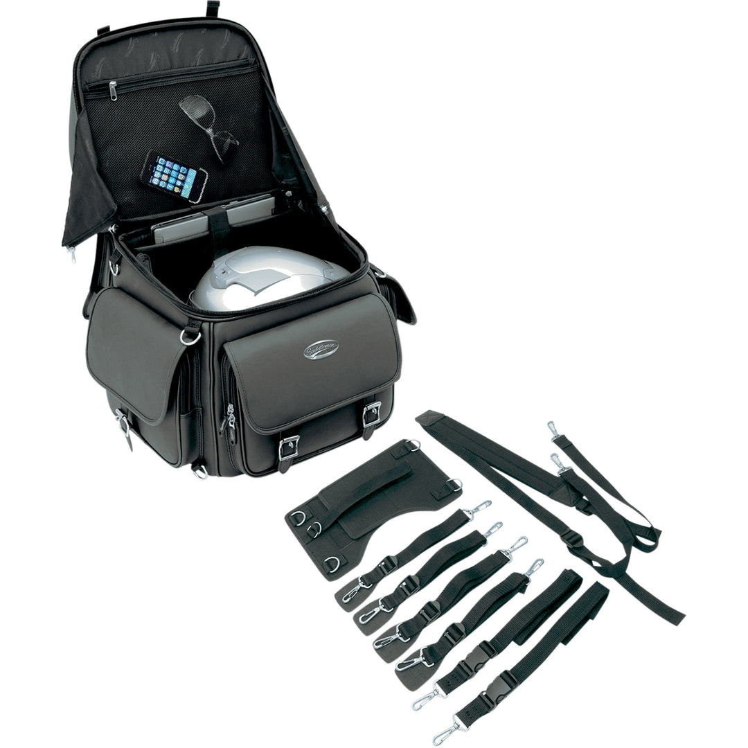 SADDLEMEN BR3400EX Combination Backrest, Backseat, and Sissy Bar Bag - Front Side View with Top Open, Showing Gear Packed Inside, and Display of Extra Straps