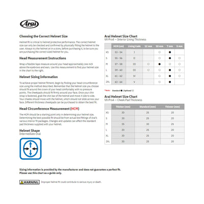 Arai VX-Pro4 Solid Helmet - Size Guide