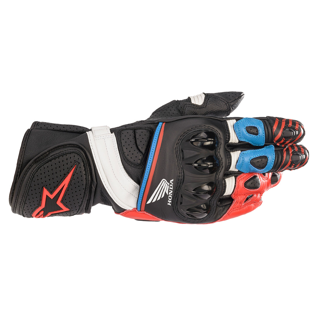 Alpinestars Honda GP Plus R v2 Gloves Black/Bright Red/Blue - Back of Hand View